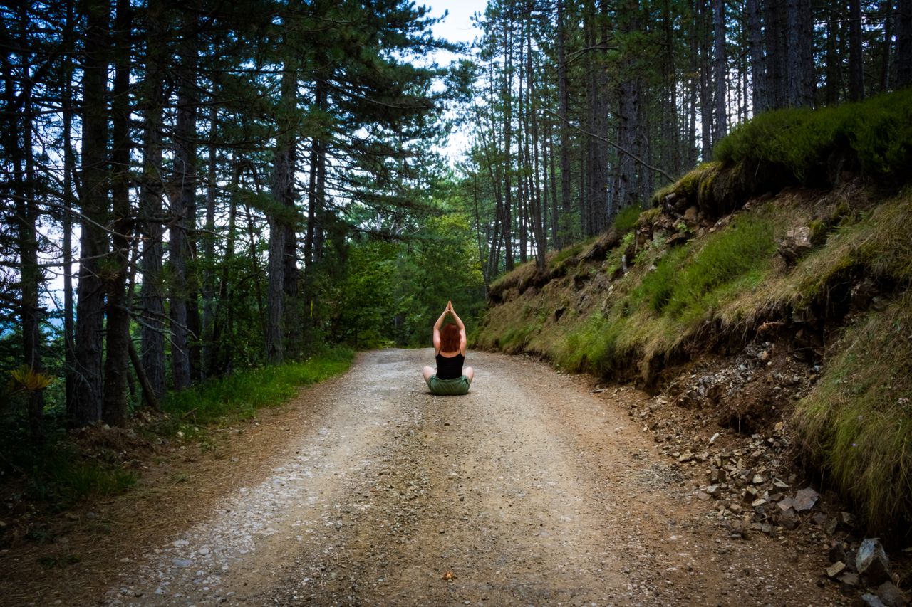 A person meditating on a forest path, embracing nature's tranquility in summer.